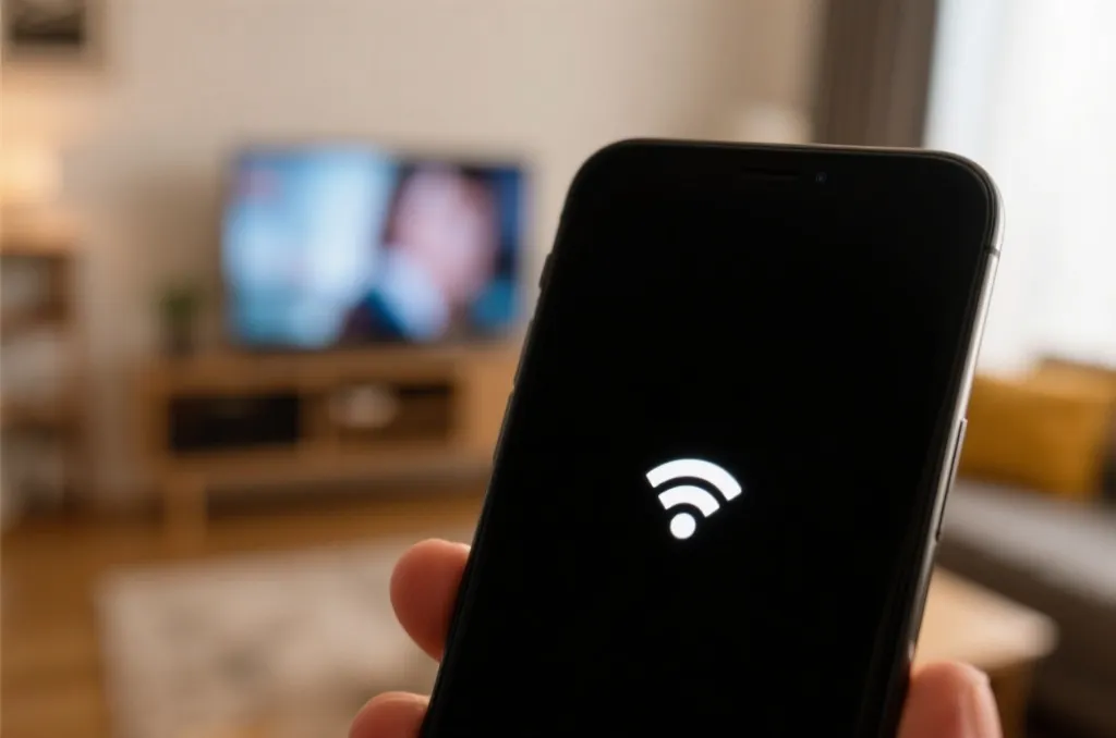 A close-up of a generic smartphone screen displaying a wireless casting icon, with a blurred smart TV in the background in a warm living room